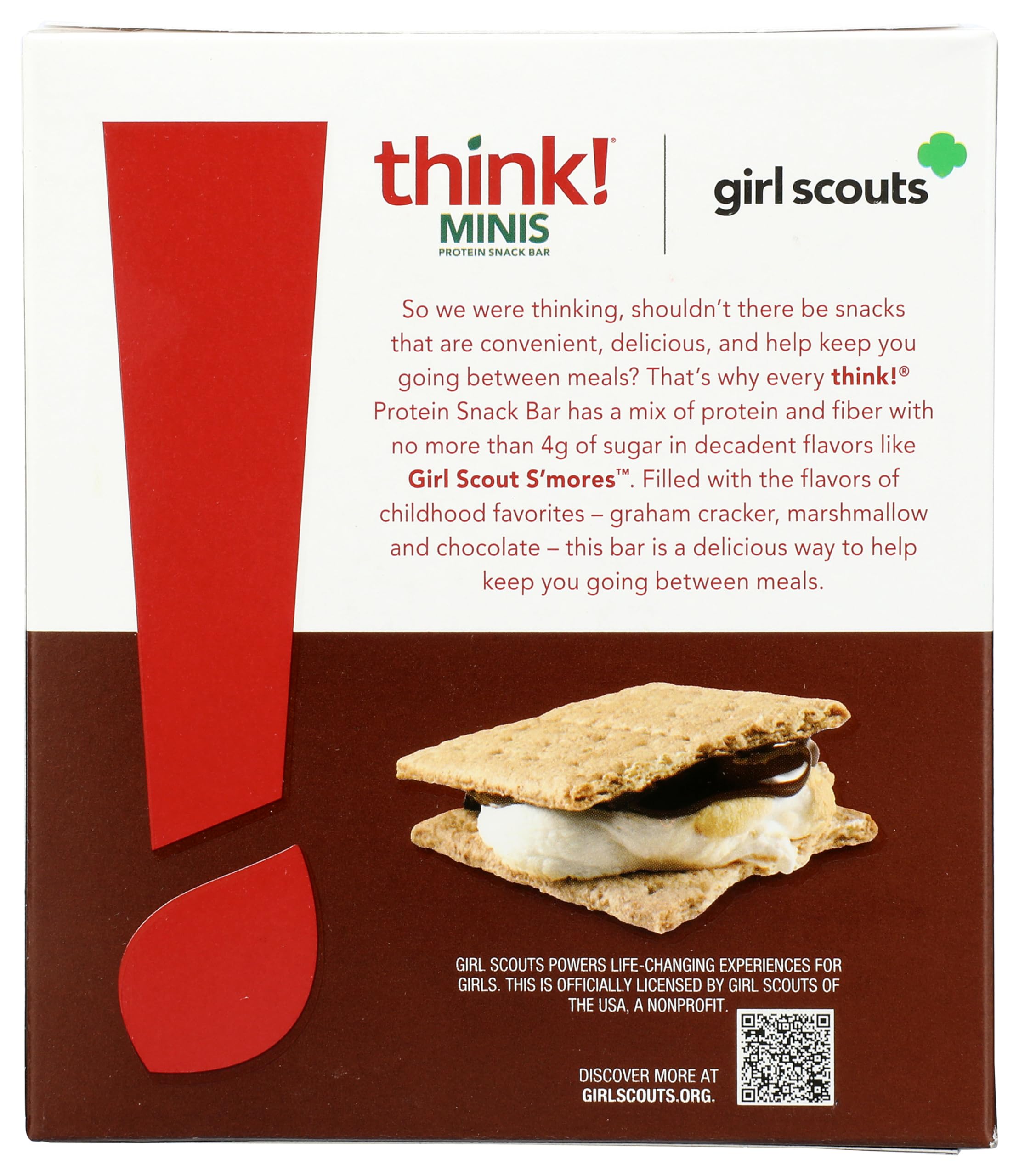 Think! Bar Minis Girl Sct Smore ingredients panel emphasizes premium components for quality snacking.