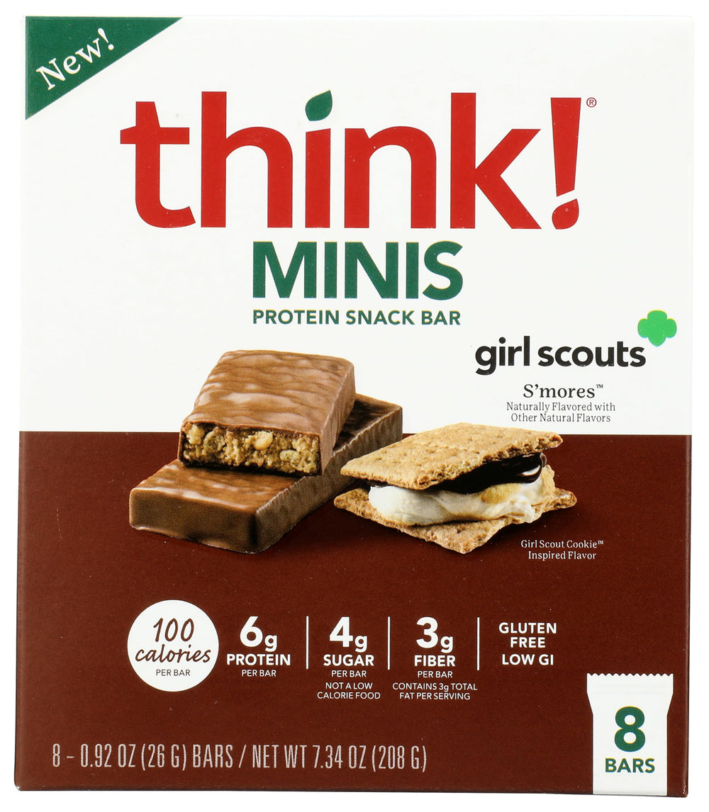 Think! Bar Minis Girl Sct Smore packaging highlights premium ingredients for convenient snacking.