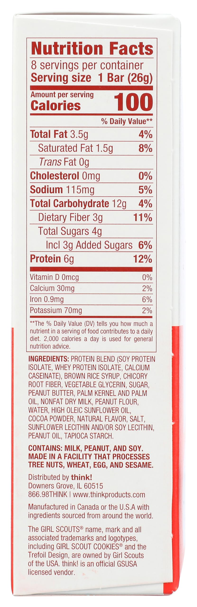 Think! Bar Minis Grlsct Chocolate Pb bars closeup showing creamy peanut butter core