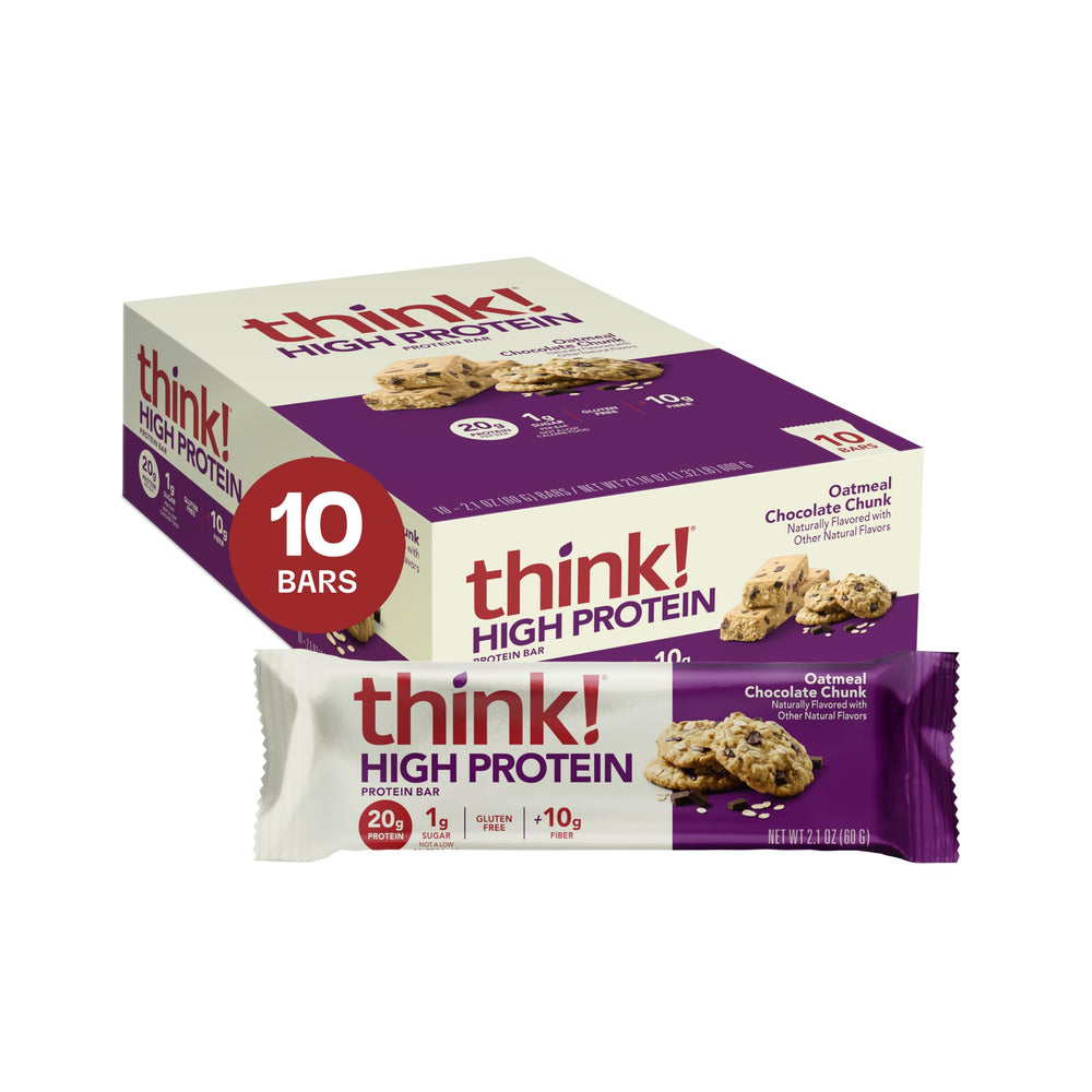 Think! protein bar packaging showing oatmeal chocolate chip flavor for on-the-go snacking.