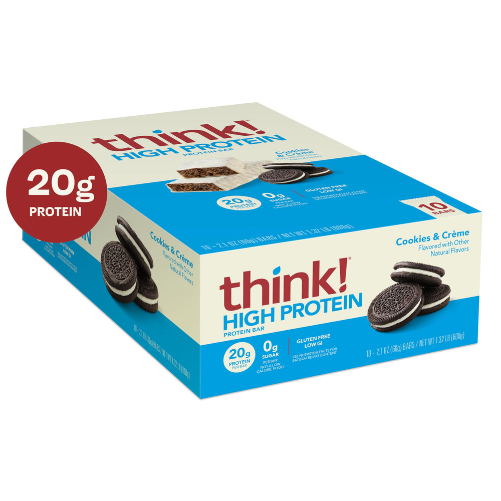 Think! protein bar nutrition facts label showing 20g protein.