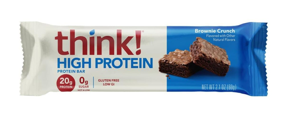 Think Brownie Crunch bar closeup highlights rich chocolate and almonds for a satisfying protein snack