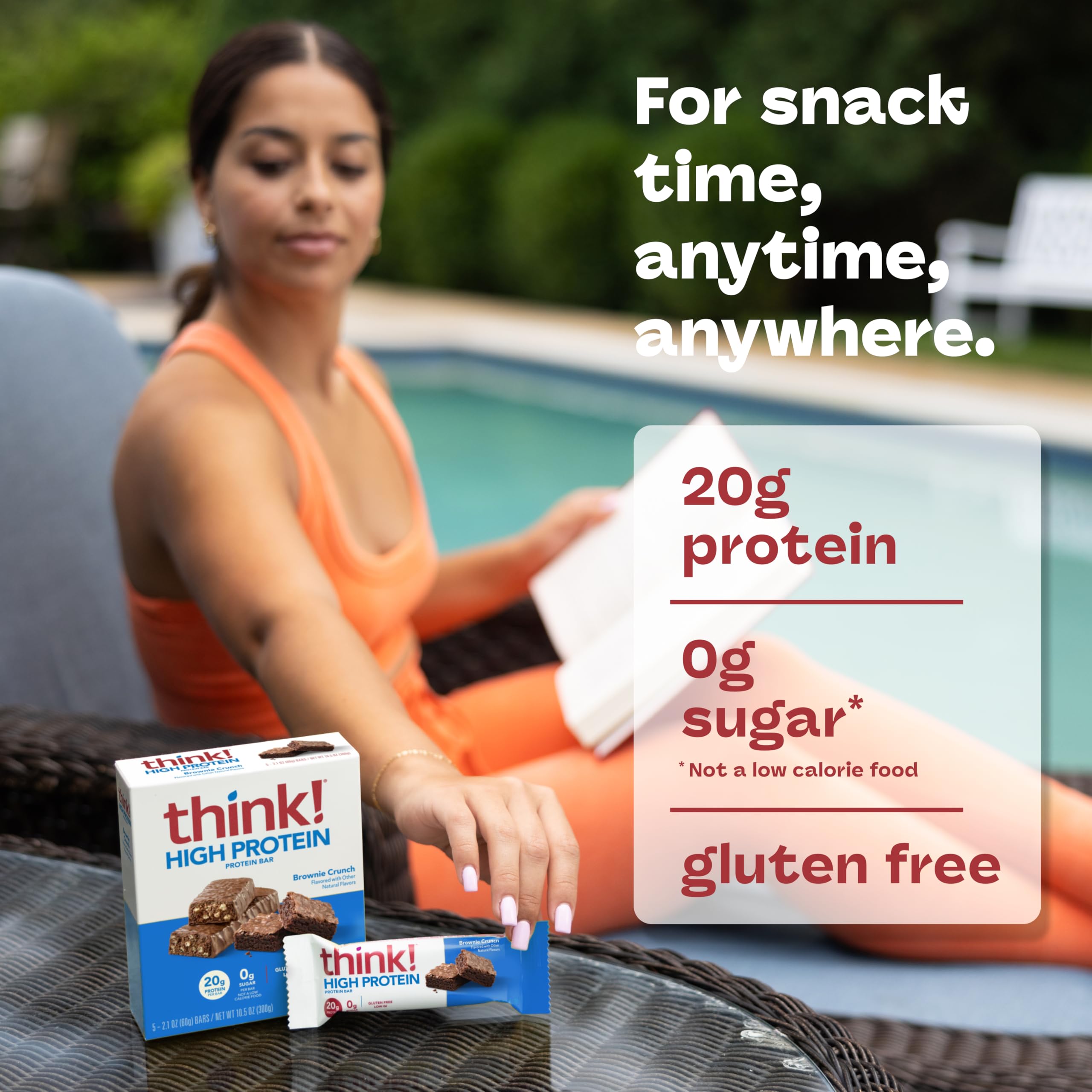 Think! Brownie Crunch bar with fruit for a balanced snack.