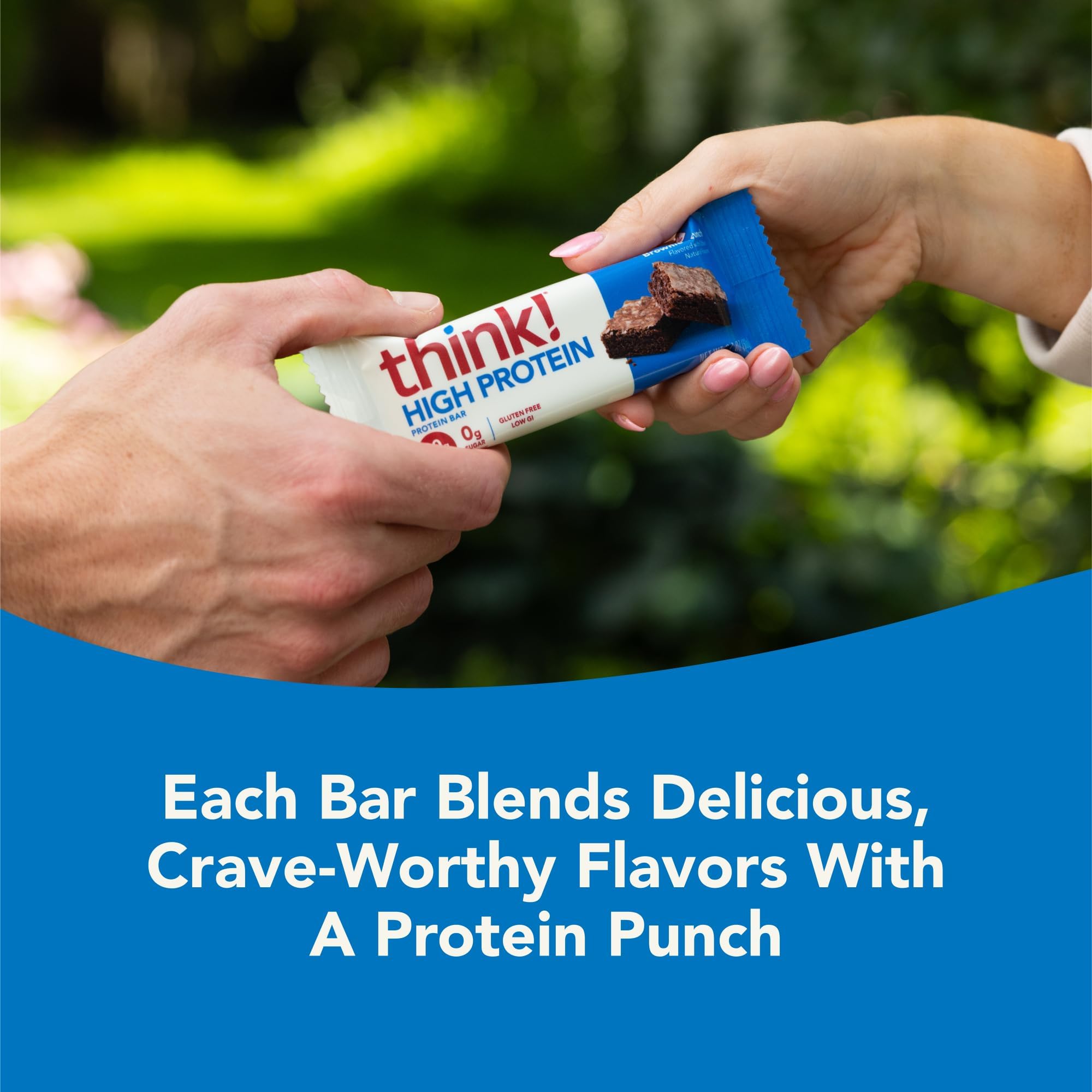 Think Brownie Crunch bar nutrition panel emphasizes high protein and zero added sugar
