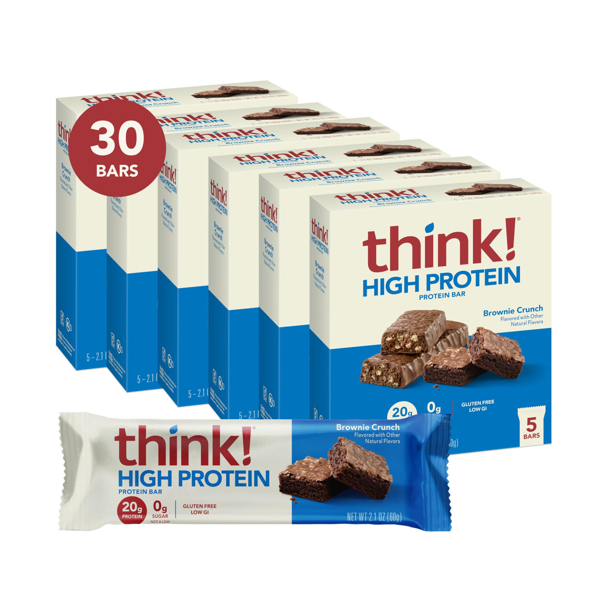 Think! Brownie Crunch bar on shelf, ready for a protein-packed snack.