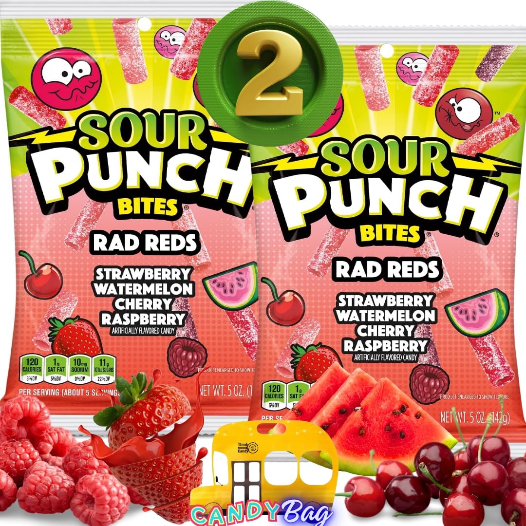 Think Candy Sour Punch Bites Rad Reds pack two bags, ideal for sharing.
