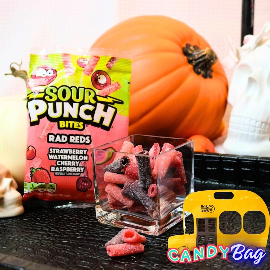 Think Candy Sour Punch Bites Rad Reds resealable ZipBag keeps candy fresh on the go.
