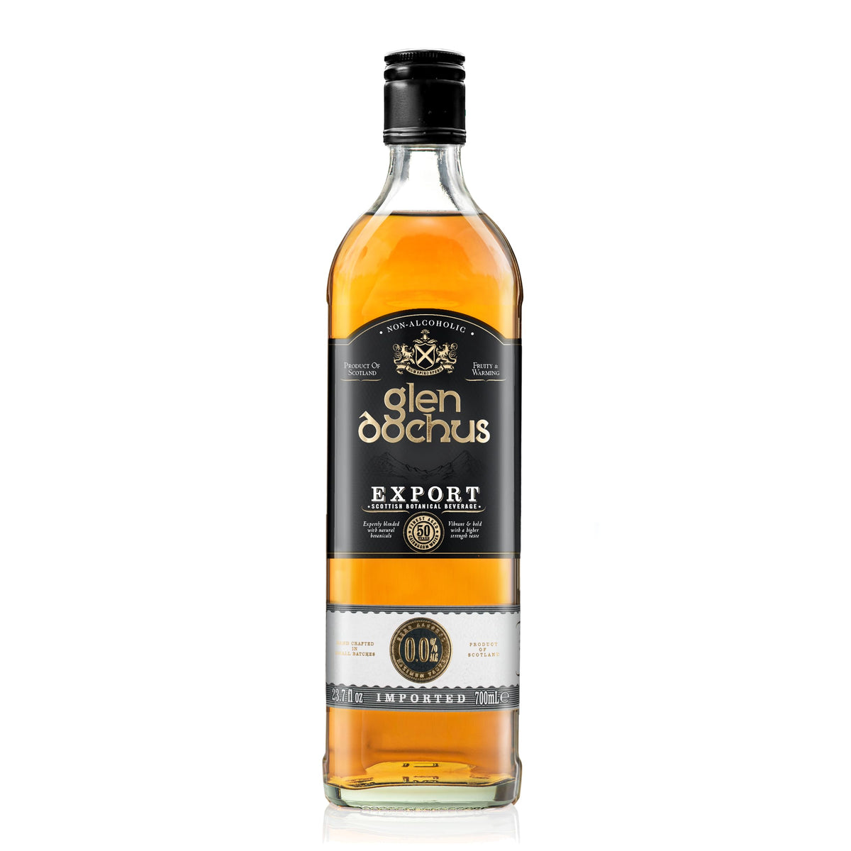 Glen Dochus Export Blend bottle highlights premium non alcoholic whiskey experience