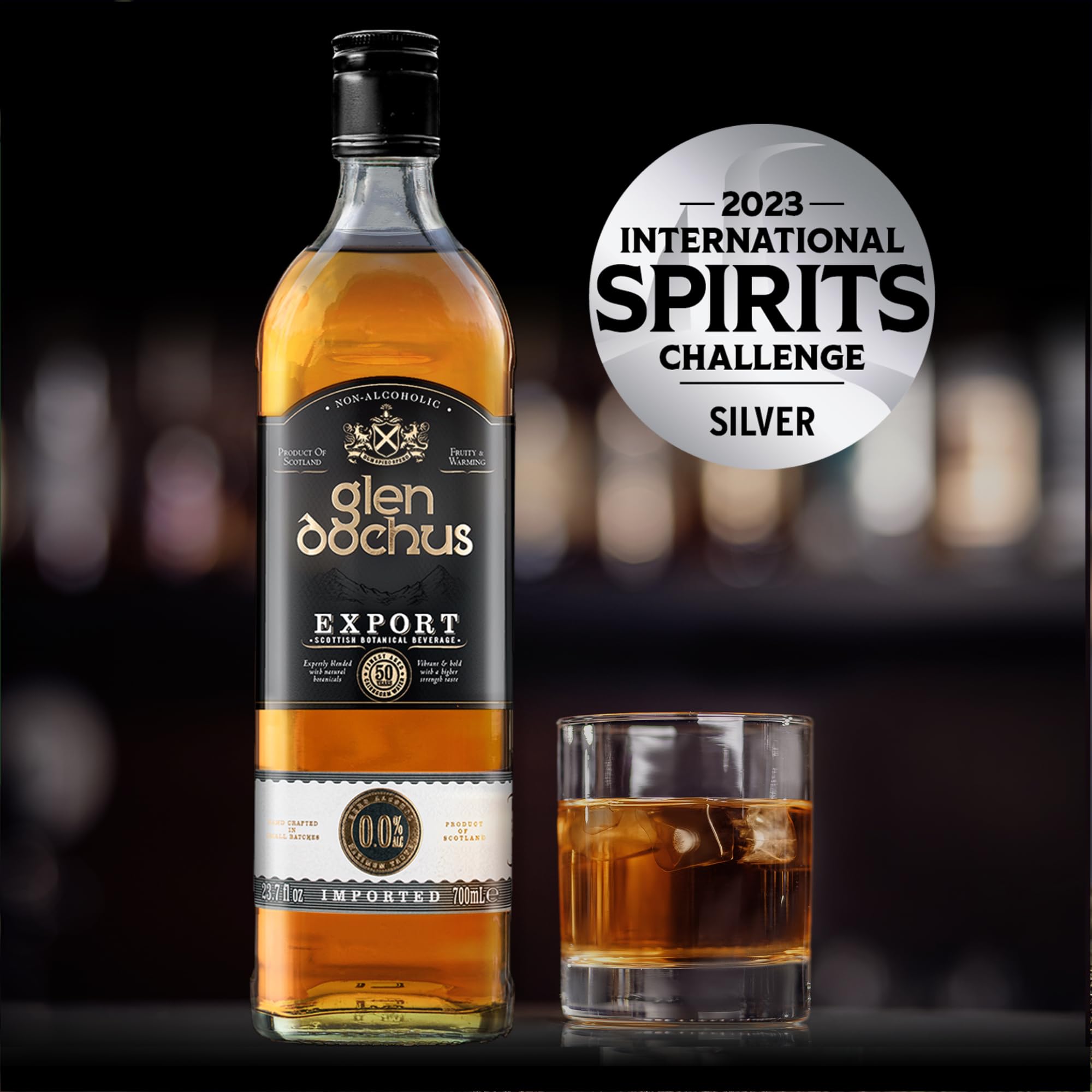 Glen Dochus Export Blend glass with ice for a refreshing zero-proof dram