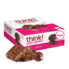 Think! High Protein Crispy Squares pack shows chocolate crunch and protein boost.