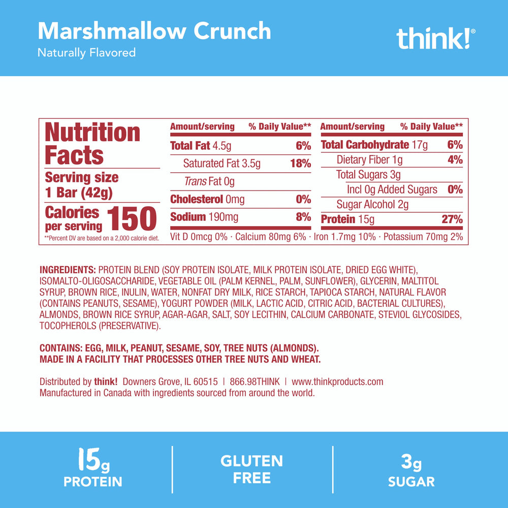 Think High Protein Crispy Squares nutrition facts panel with 15g protein per serving