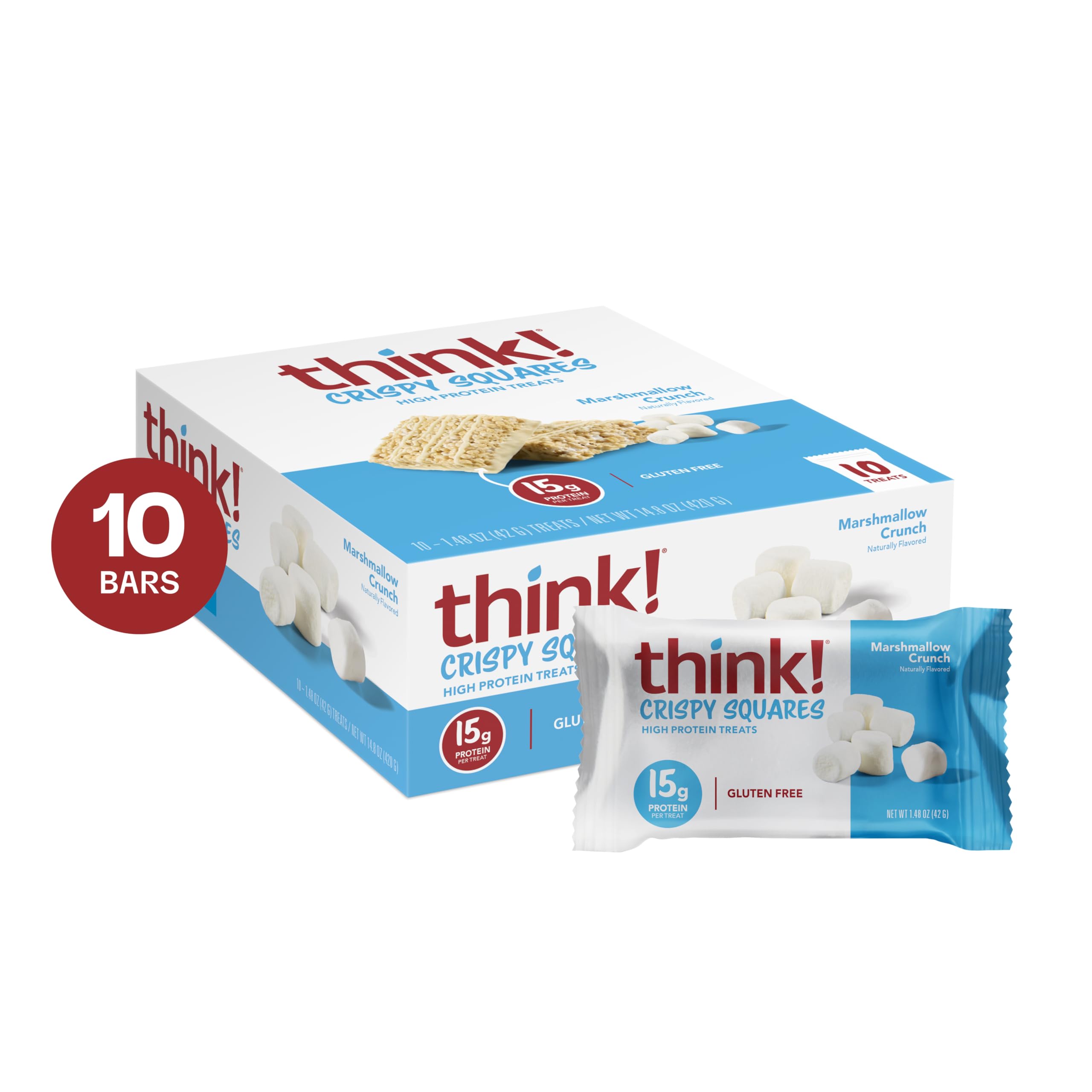 Think High Protein Crispy Squares 10-pack display showing gluten-free snack