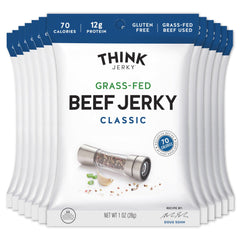 Think Jerky Classic Beef Jerky bag front, premium grass-fed beef high-protein snack.