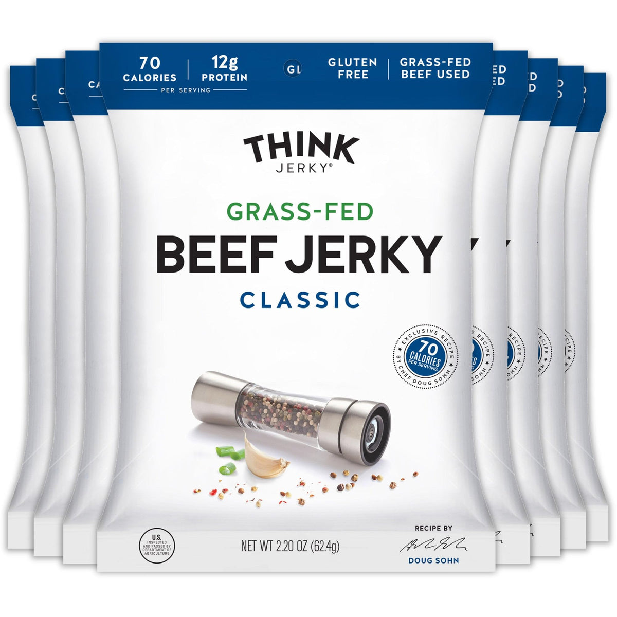Think Jerky Classic Beef Jerky bag highlighting pasture-raised beef for a high-protein snack.