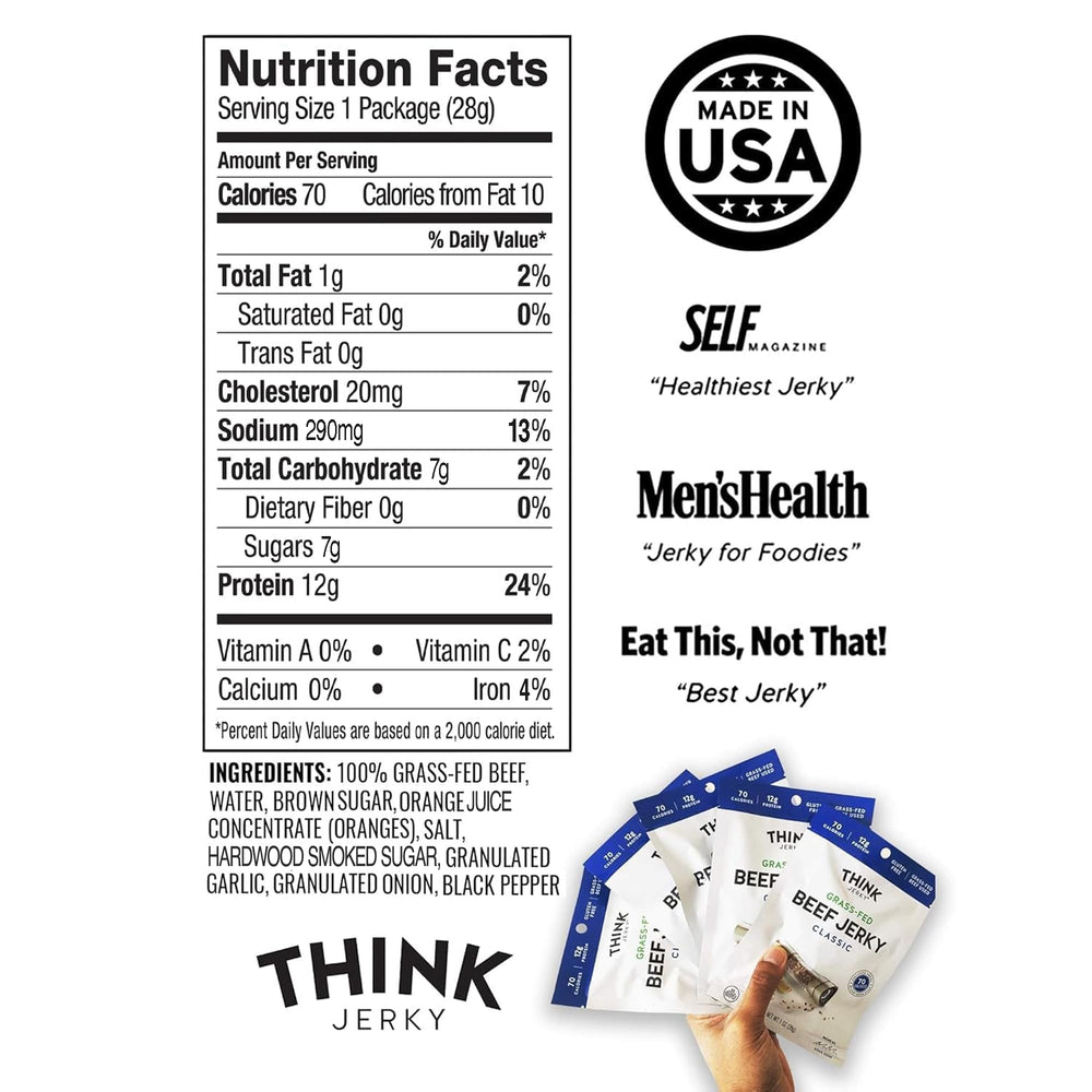 Think Jerky Classic Beef Jerky ingredients panel highlights gluten-free and nitrate-free recipe.