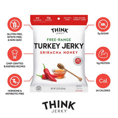 Think Jerky free-range turkey label emphasizes antibiotic-free quality for mindful snacking.