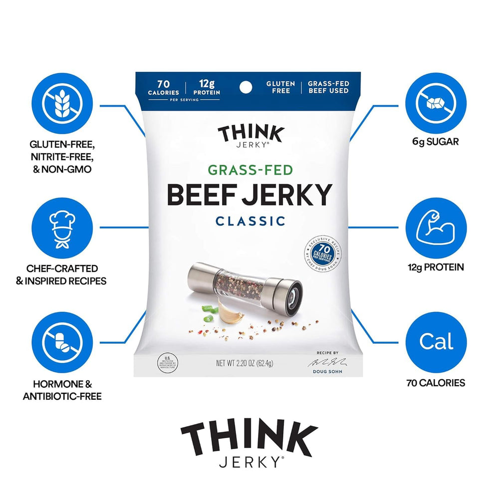 Think Jerky gluten-free, antibiotic-free jerky label promoting clean ingredients.