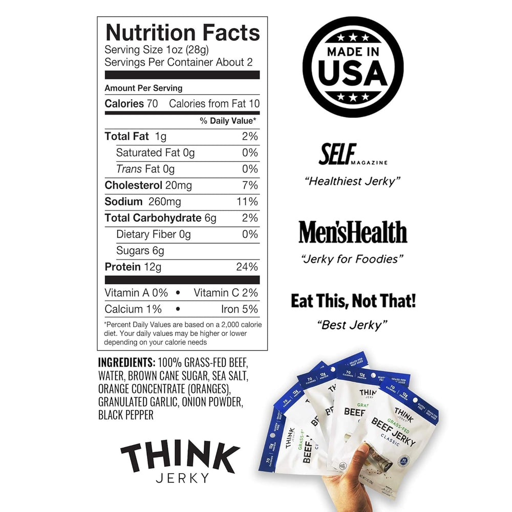 Think Jerky Grass-Fed Beef Jerky 8-pack display for a low-calorie, keto-friendly snack.