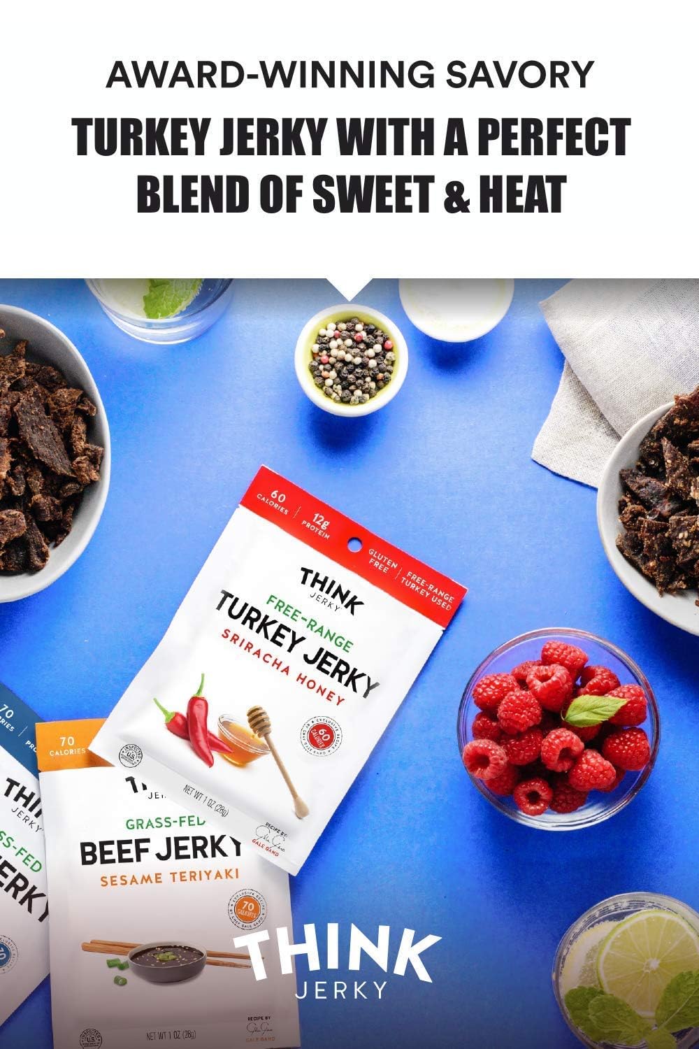 Think Jerky high-protein snack concept image illustrates nutrition-packed bite after workouts.