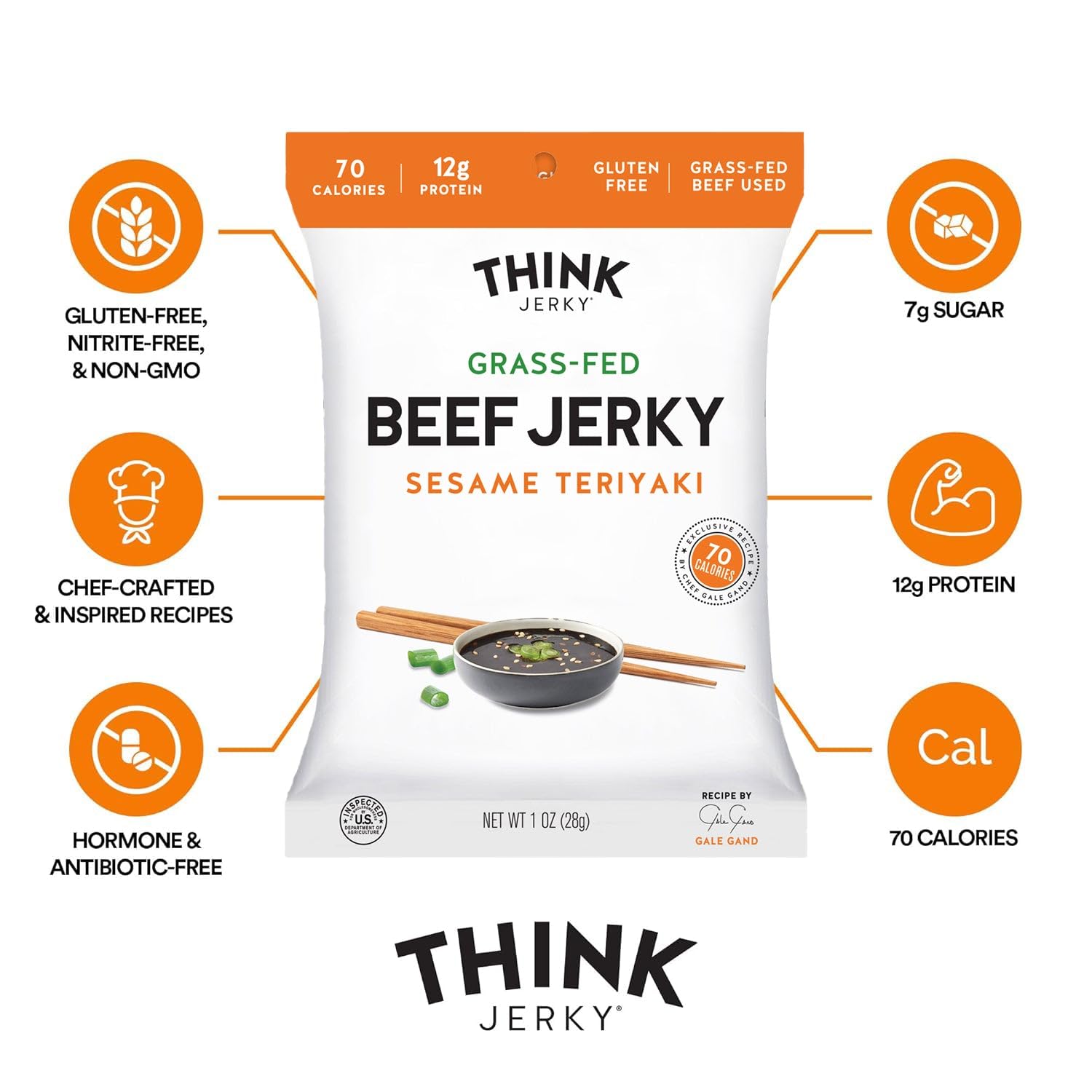 Think Jerky low-fat, low-calorie badge for healthier snack choices.