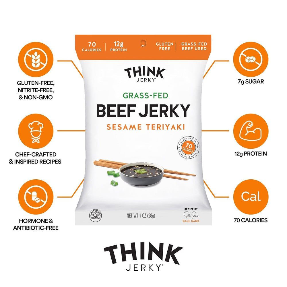 Think Jerky low-fat, low-calorie badge for healthier snack choices.