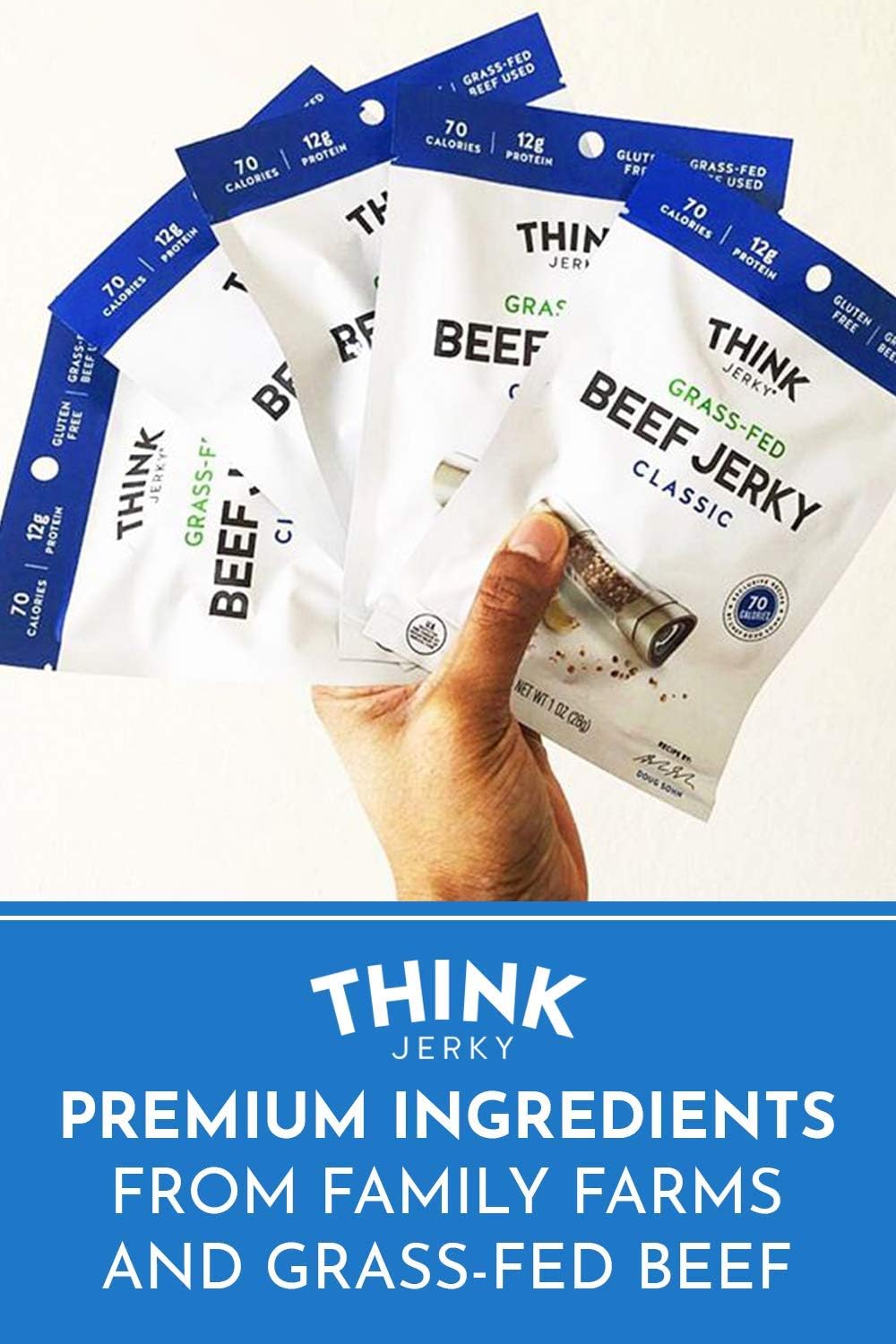 Think Jerky Nutrition panel emphasizing low-fat and low-calorie content.