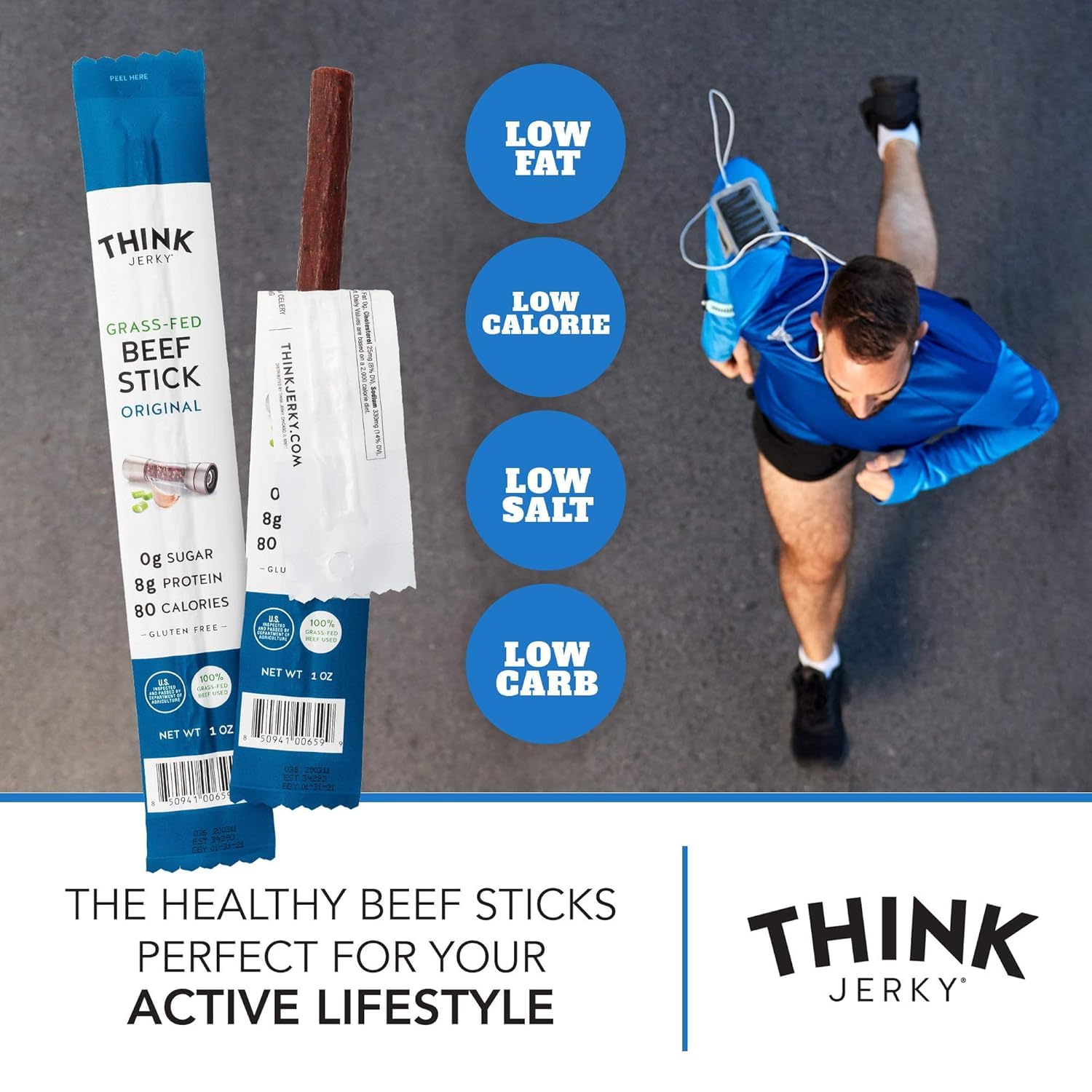 Think Jerky Original Beef Stick uses grass-fed beef for premium flavor.