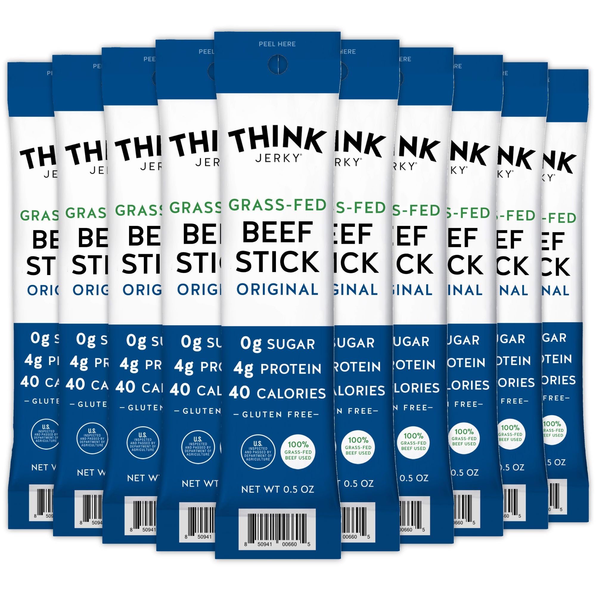 Think Jerky Original Beef Sticks packaging shows gluten-free, nitrate-free protein.