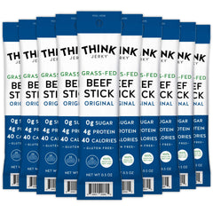 Think Jerky Original Beef Sticks packaging shows gluten-free, nitrate-free protein.