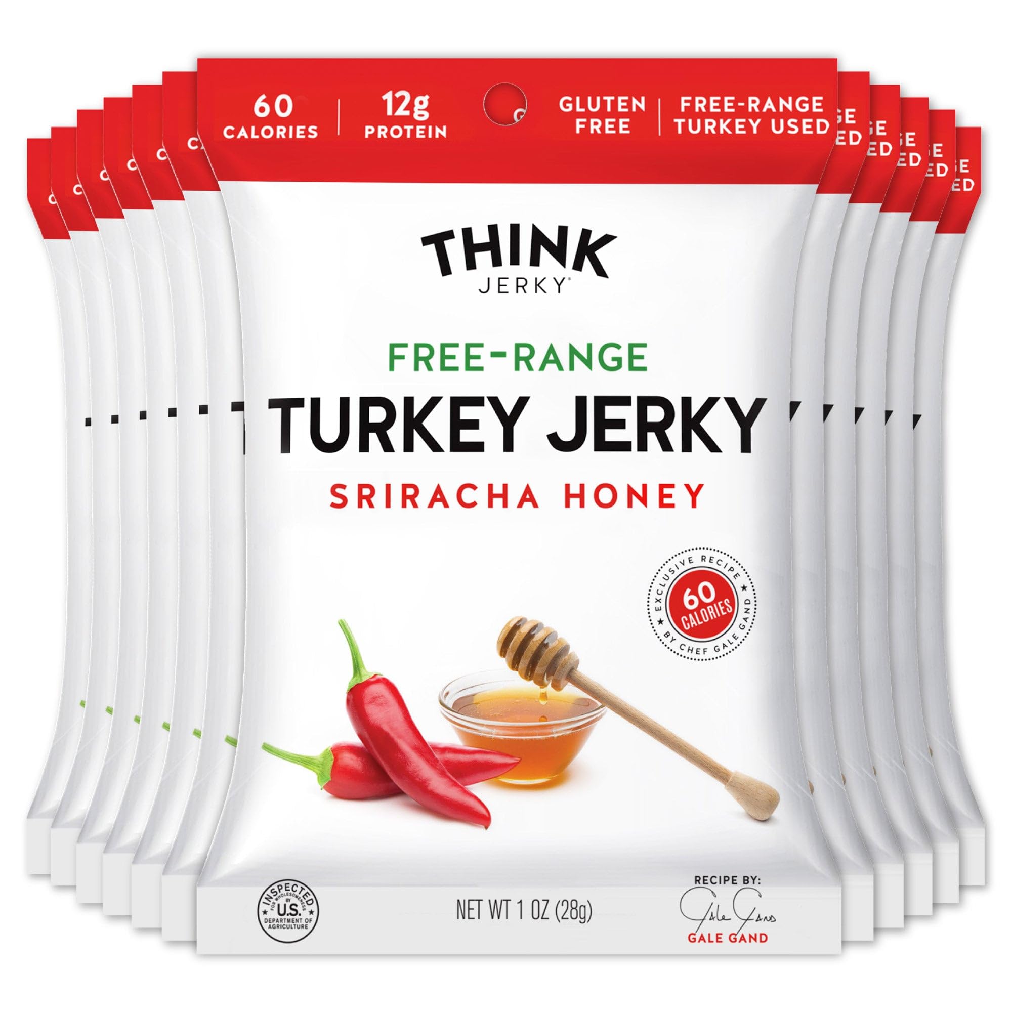 Think Jerky Sriracha Honey Turkey Jerky bag front shows bold flavor and high protein appeal.