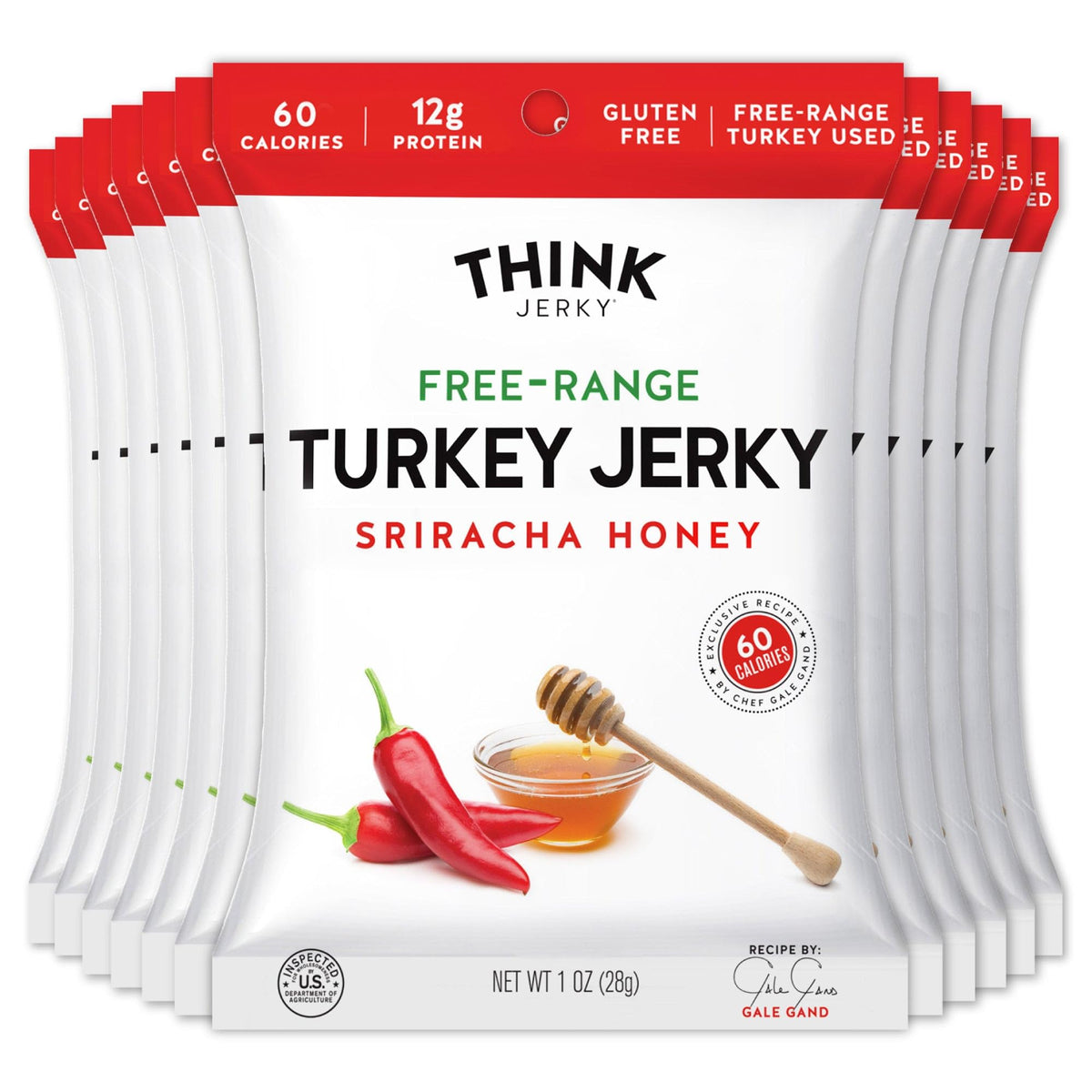 Think Jerky Sriracha Honey Turkey Jerky bag front shows bold flavor and high protein appeal.