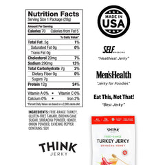 Think Jerky Sriracha Honey Turkey Jerky close-up highlights glossy texture for a savory bite.