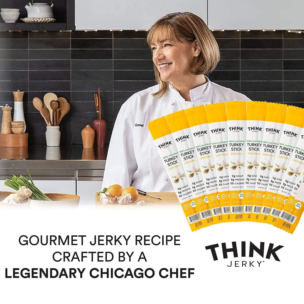 Think Jerky turkey sticks grain-free label showcases paleo and keto friendly choice.