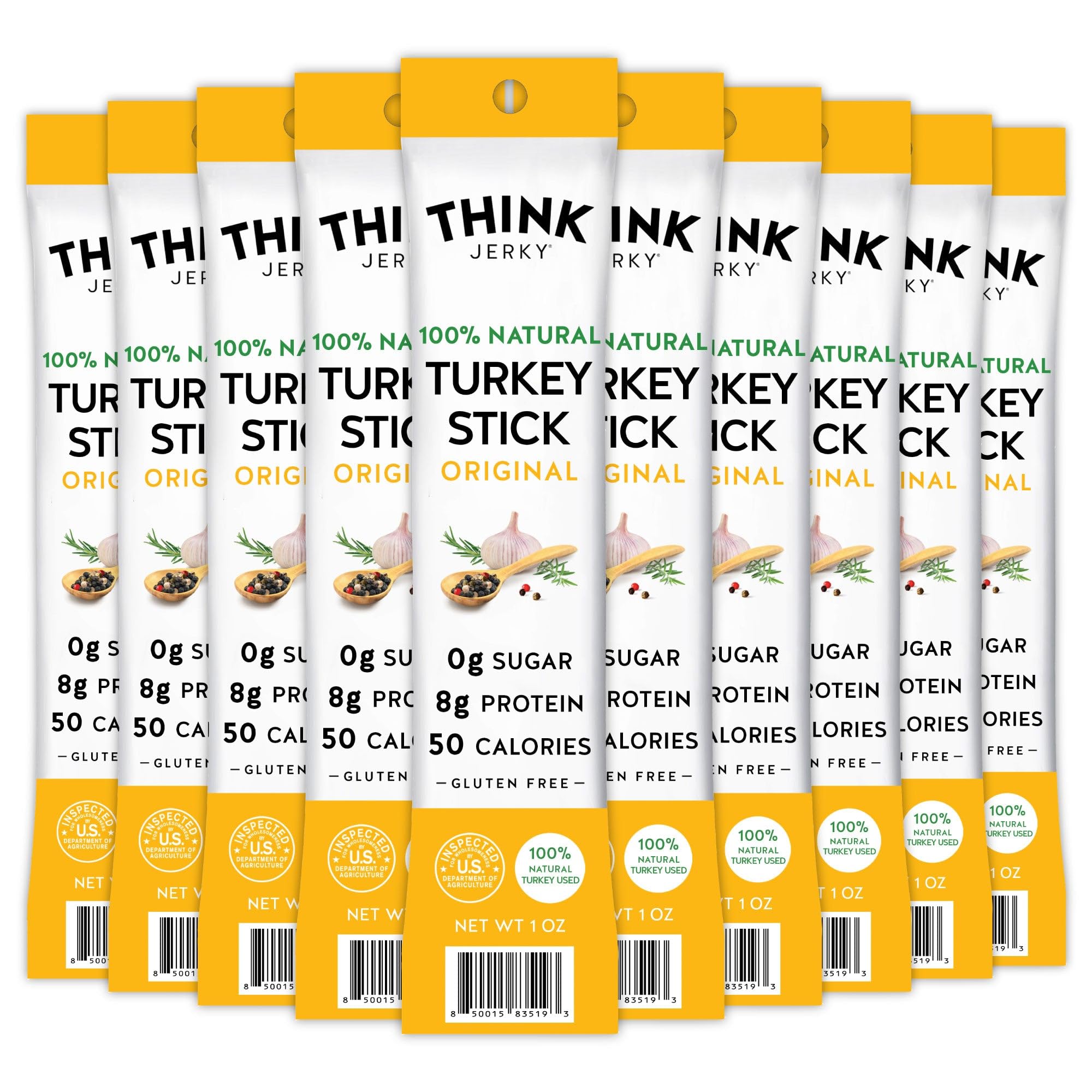 Think Jerky turkey sticks packaging showing convenient single-serve snack for travel.