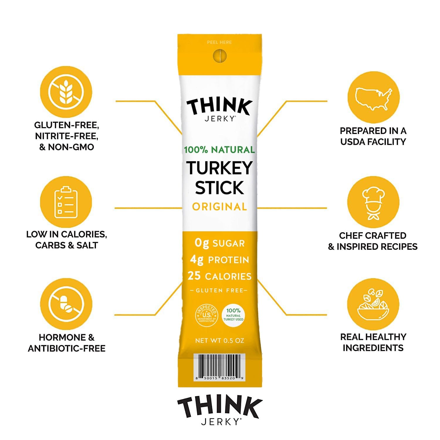 Think Jerky turkey sticks on pantry shelf highlighting gluten-free and nitrate-free ingredients.