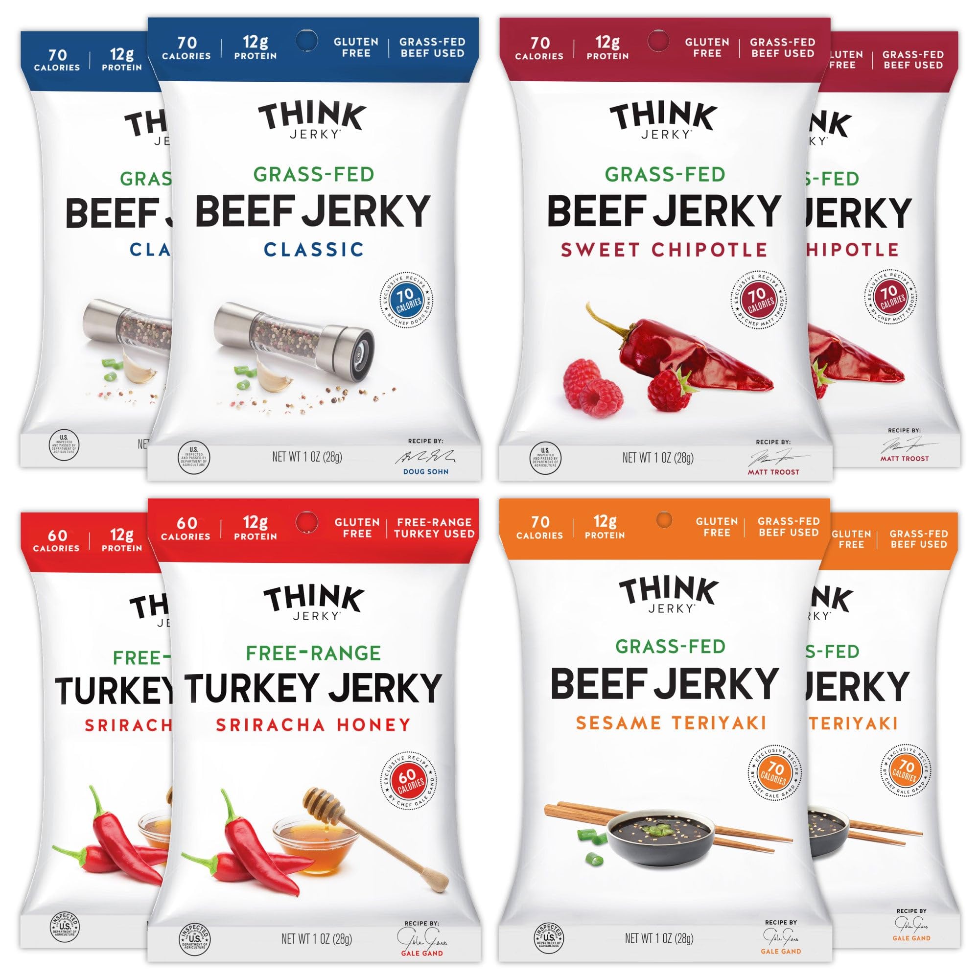 Think Jerky variety-pack 1oz bags for quick, portable beef and turkey jerky snacking.