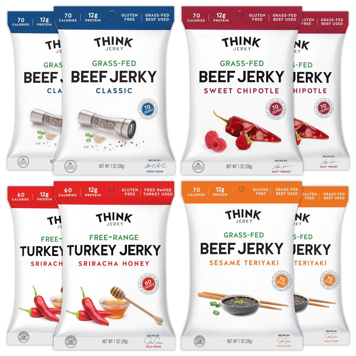 Think Jerky variety-pack 1oz bags for quick, portable beef and turkey jerky snacking.