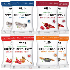 Think Jerky variety-pack 1oz bags for quick, portable beef and turkey jerky snacking.