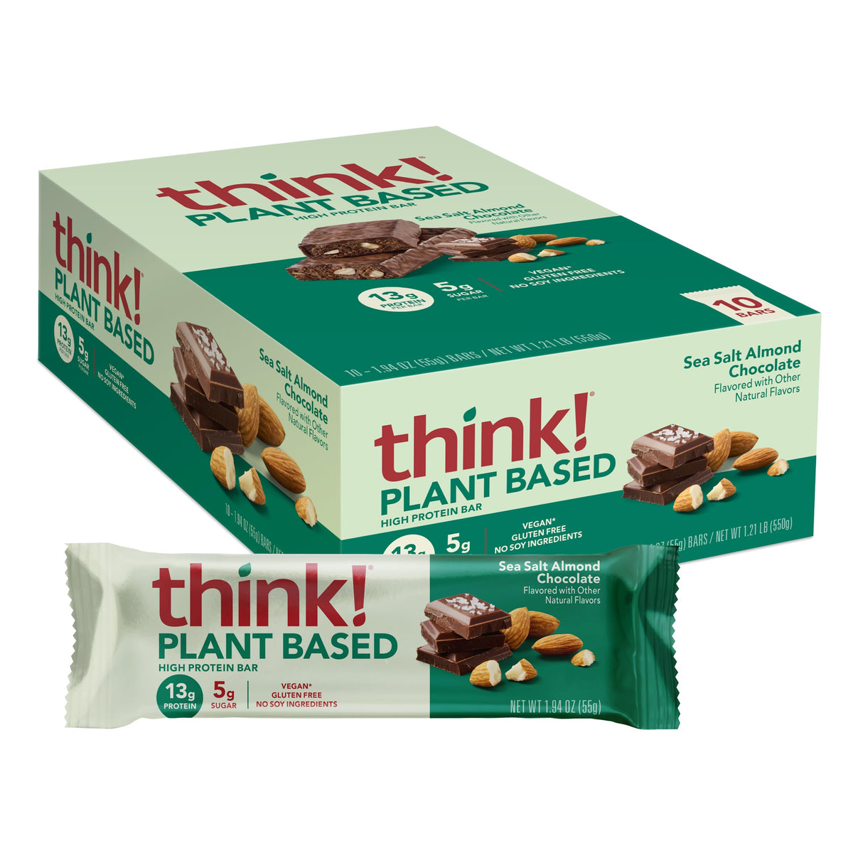 Think! Sea Salt Almond Chocolate bar packaging highlights a high-protein vegan snack for on-the-go energy.