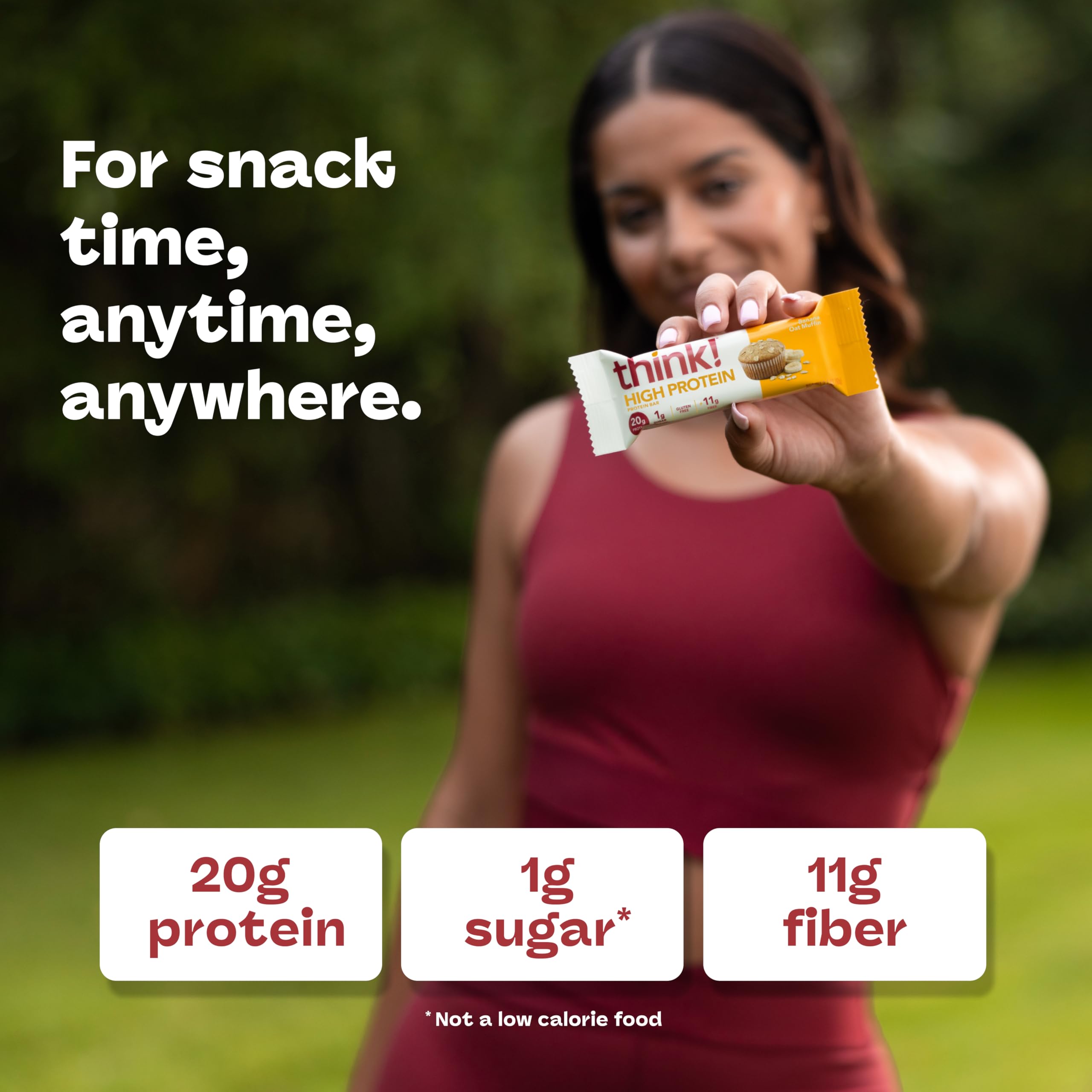 think! Banana Oat Muffin nutrition label close-up showing 20 g protein and 11 g fiber.