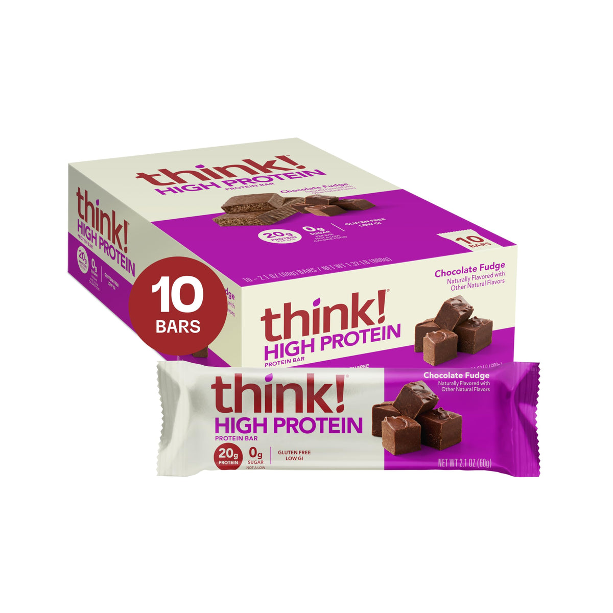 Think! Protein Bars Chocolate Fudge packaging for on-the-go snacking