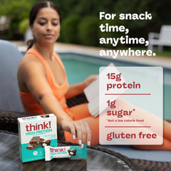 Think! gluten-free label on bar packaging for gluten-free snack.
