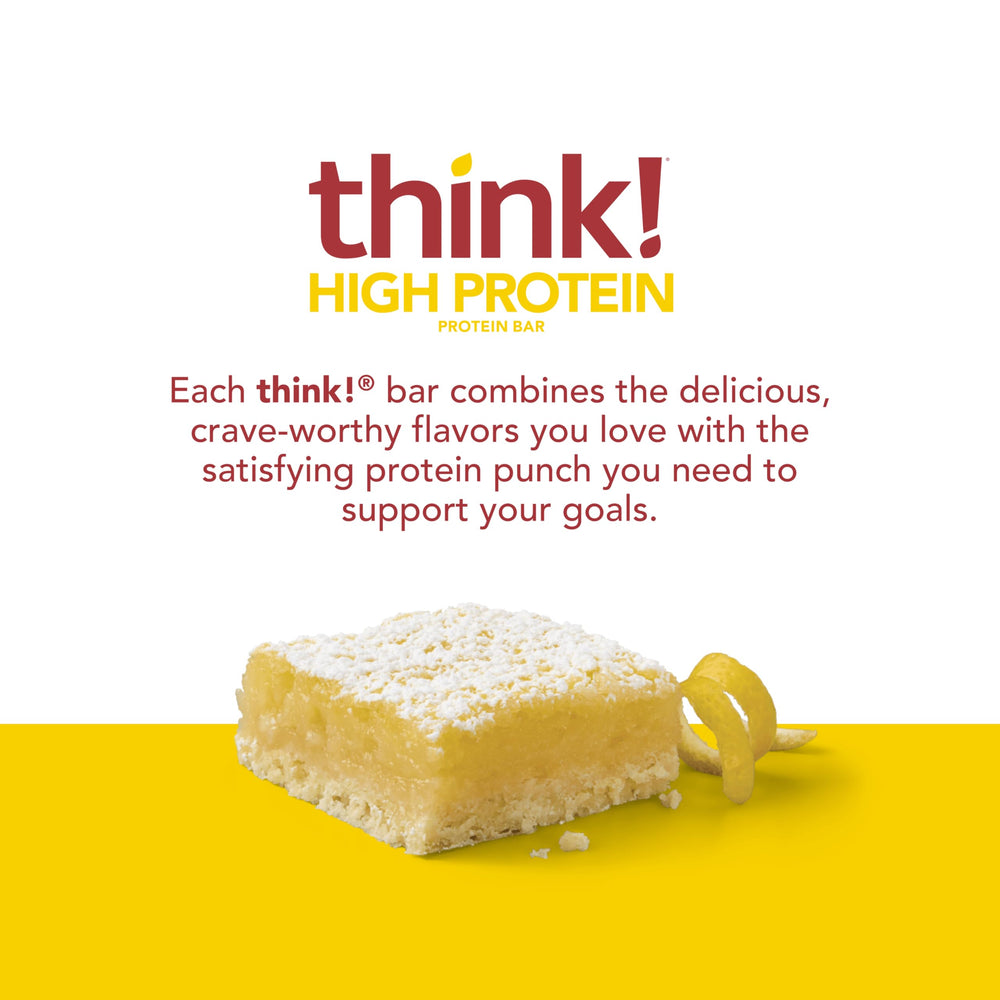 think! Lemon Delight ingredients panel highlights whey protein isolate and gluten-free formula.