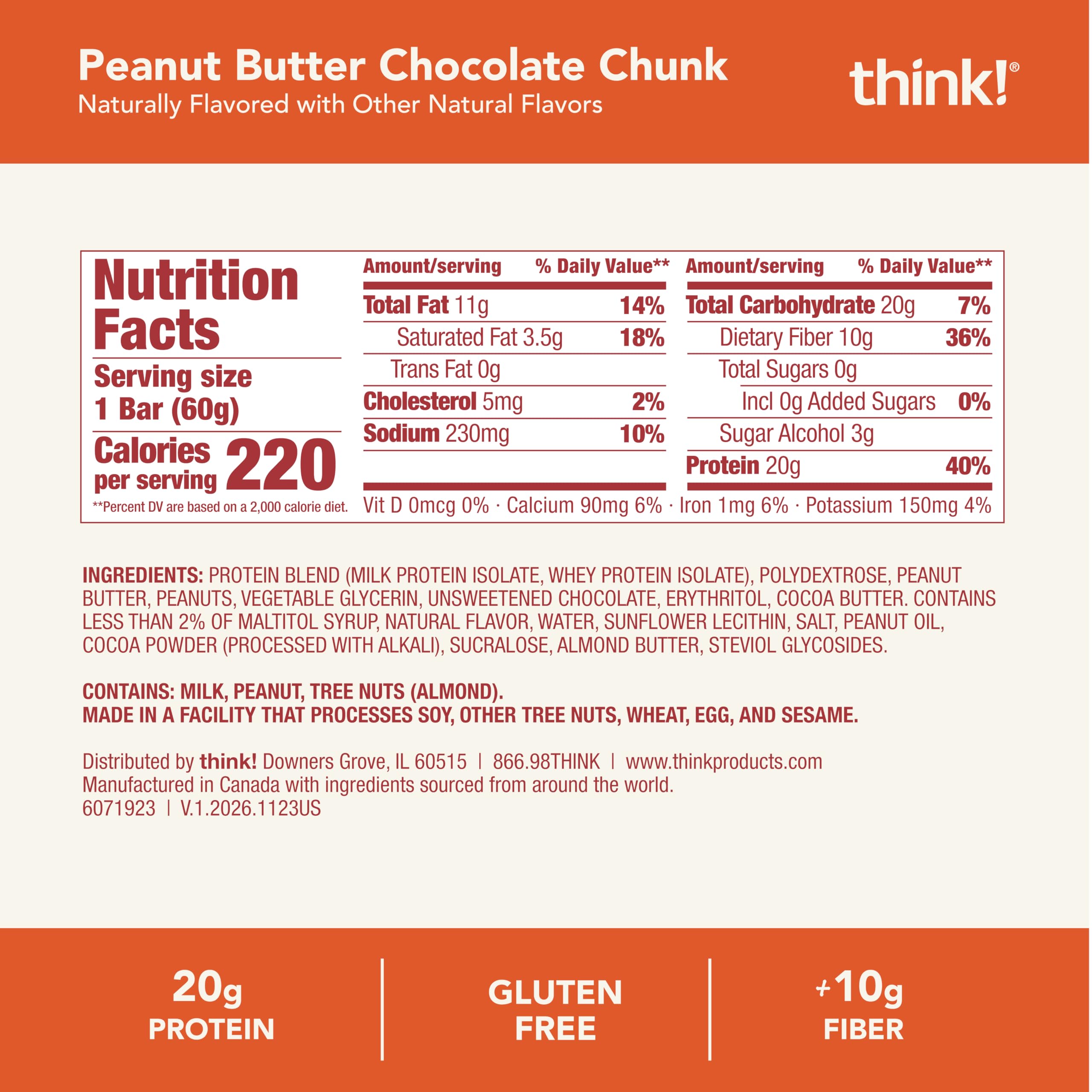 Think! Protein Bar contains 1g sugar per bar for restrained sweetness