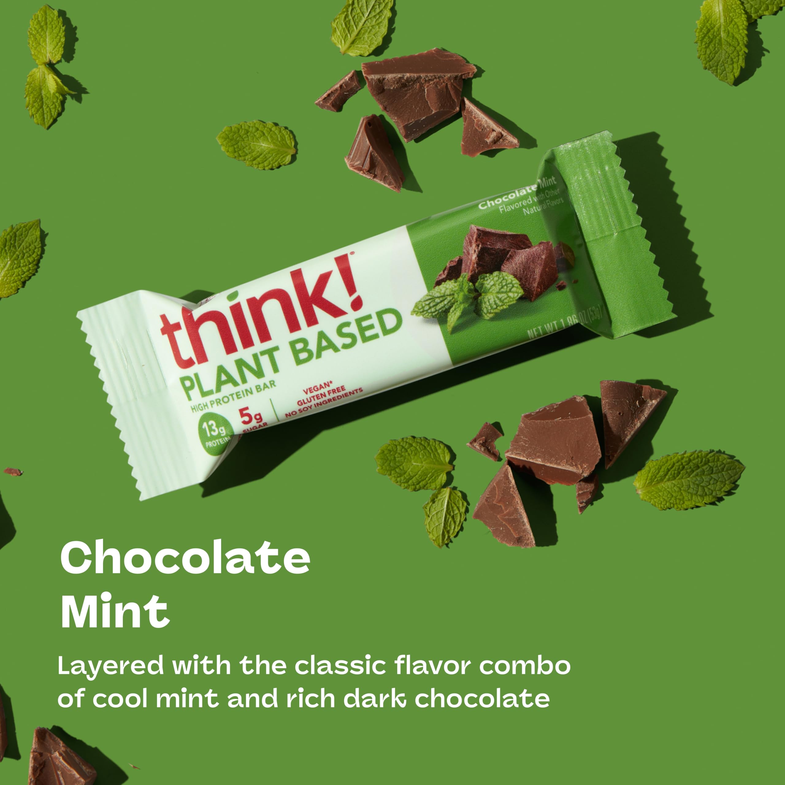 think! Chocolate Mint bar close-up highlights rich chocolate coating