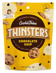 Thinsters chocolate chip cookie thin 4oz pack close-up on resealable bag for fresh snacking