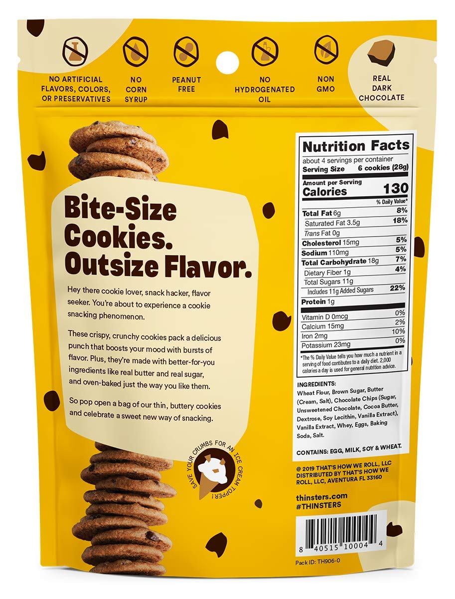 Thinsters chocolate chip cookie thin close-up with crisp bite and dark chips