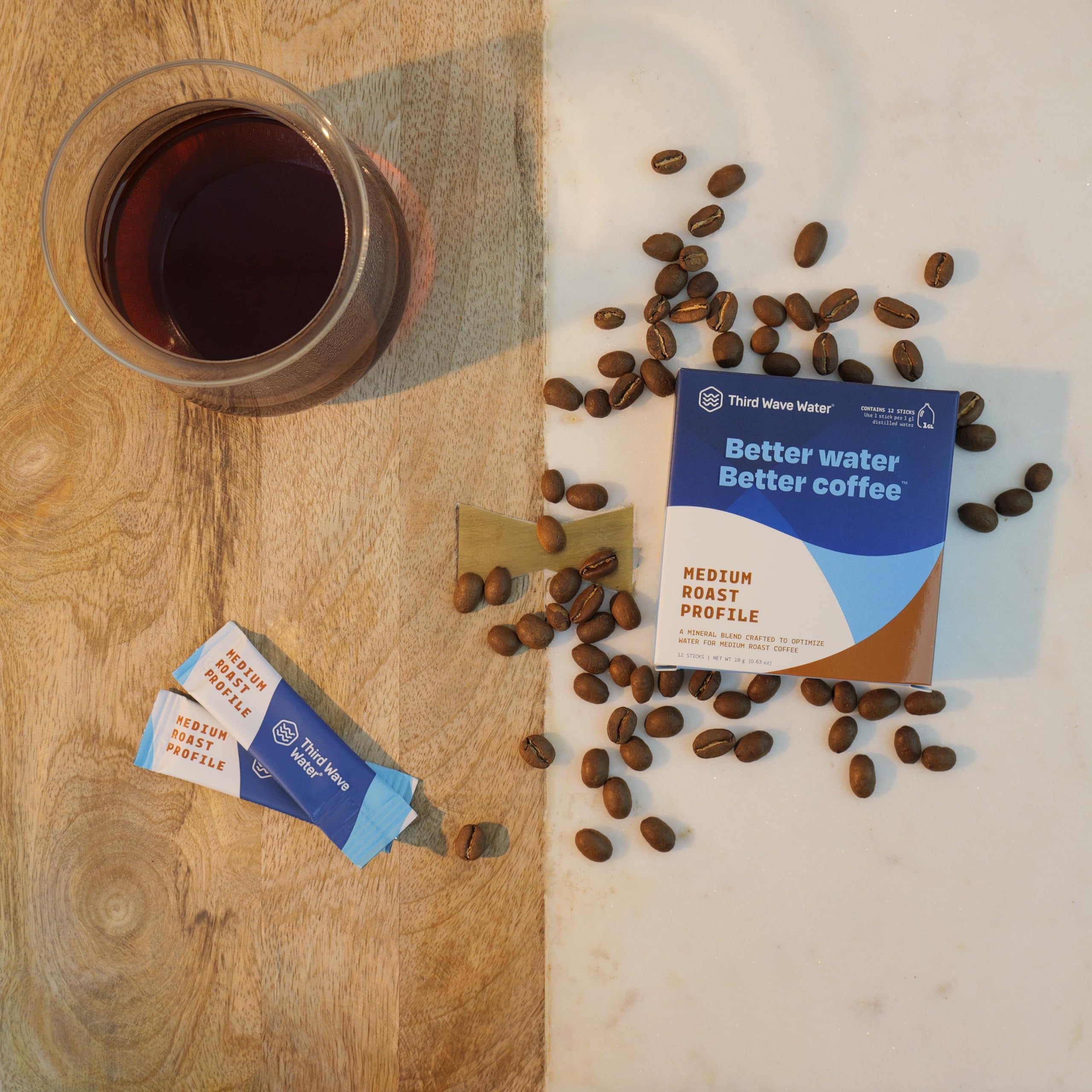 Third Wave Water dispensing setup image highlights easy mineral enrichment for any coffee maker.
