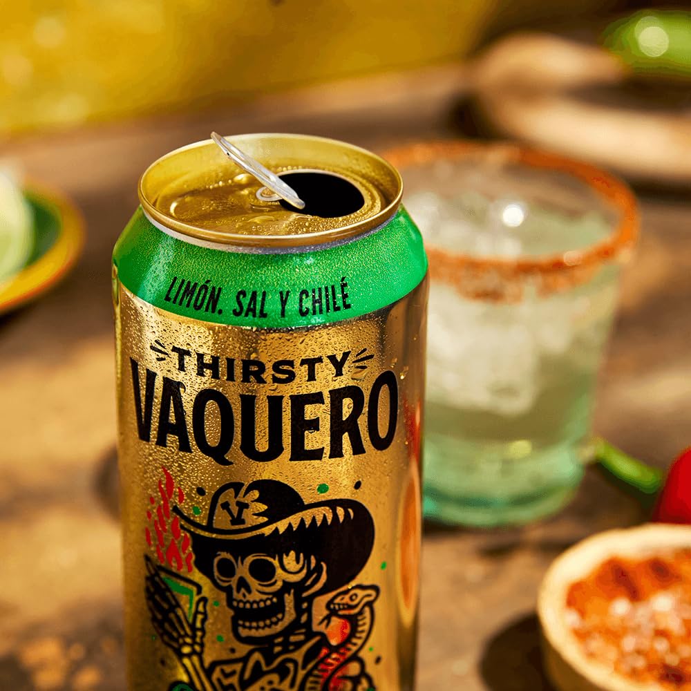 Thirsty Vaquero sparkling water base can—crisp carbonation enhances fruit and spice.