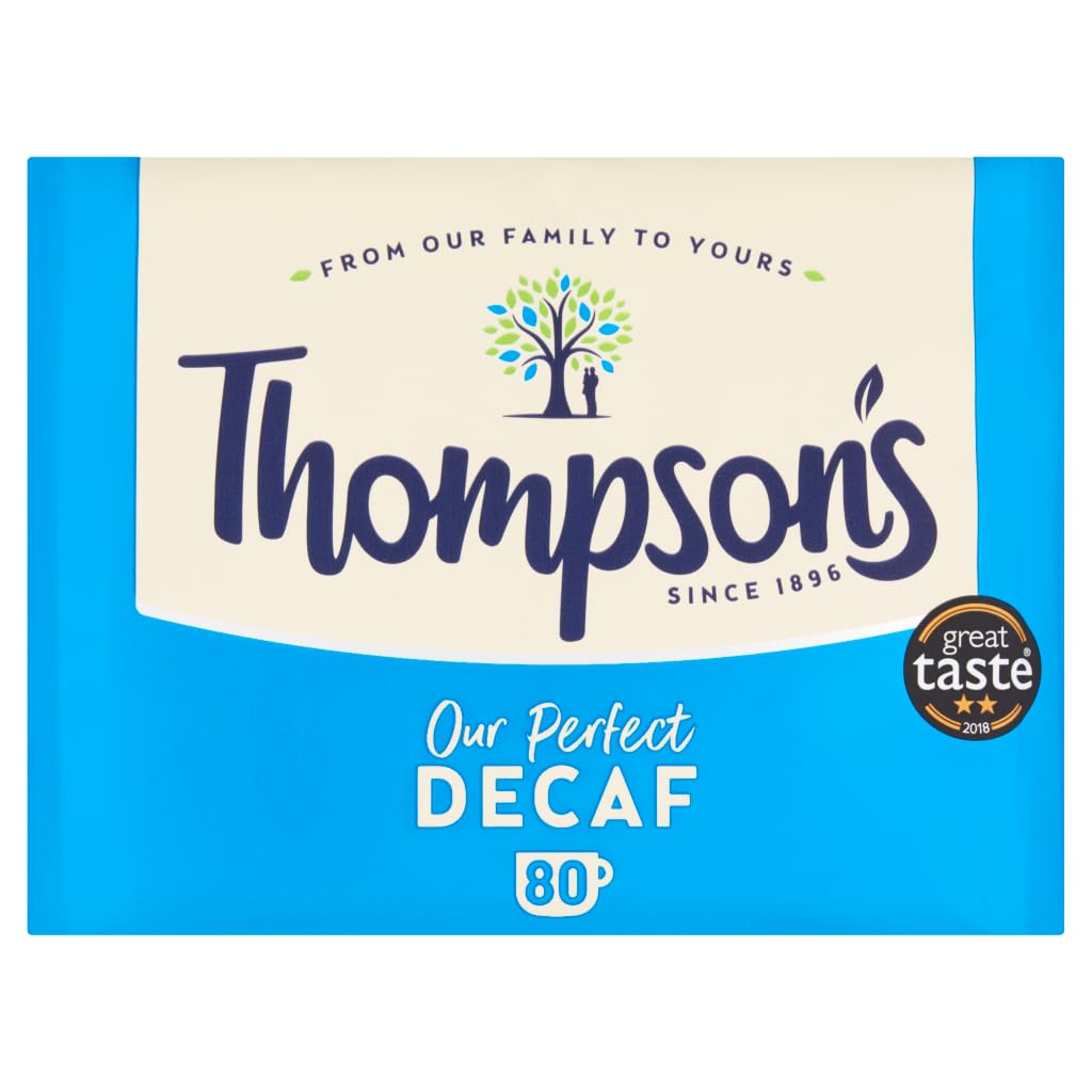 Thompson's Family Teas Decaf 80 tea bags ready to brew for caffeine-free mornings